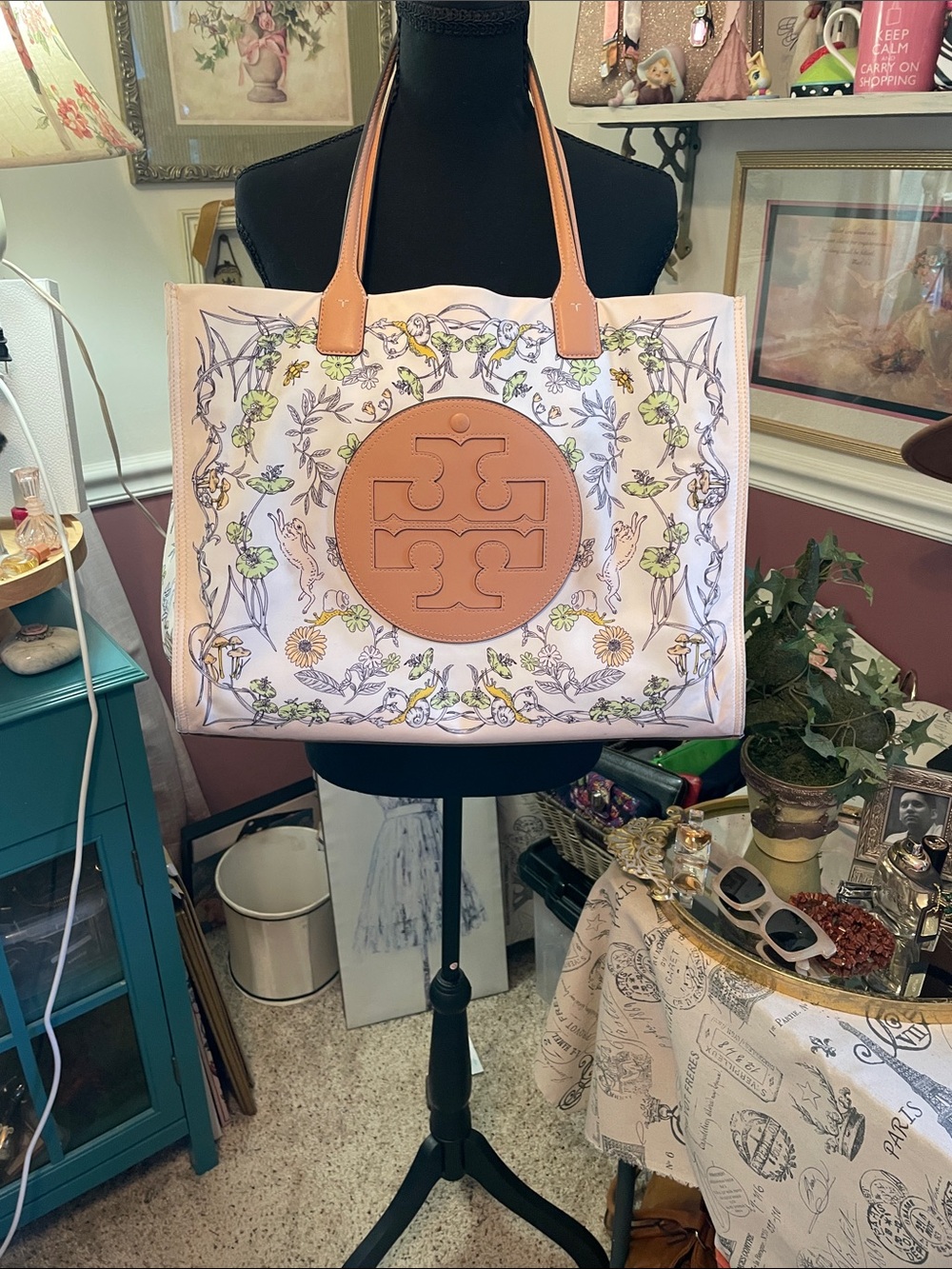 Tory Burch Floral Ella Rabbit Field Tote .Large Tote Authentic